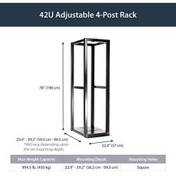 StarTech - 4POSTRACKBK .com 42U Open Frame Server Rack - 994.5lbs capacity - 4 Post Adjustable Depth (22'' to 40'') Network Equipment Rack w/ Casters (4POSTRACKBK) black
