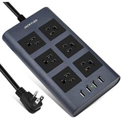9.8 Ft Flat Plug Power Strip Surge Protector with USB, JACKYLED 1875W/15A 6 AC Wide Spaced Outlets 4 USB Charging Ports, 14AWG Heavy Duty Extension Cord for Home, Office, Hotel, Dorm, Blue Black