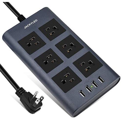 9.8 Ft Flat Plug Power Strip Surge Protector with USB, JACKYLED 1875W/15A 6 AC Wide Spaced Outlets 4 USB Charging Ports, 14AWG Heavy Duty Extension Cord for Home, Office, Hotel, Dorm, Blue Black