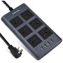 9.8 Ft Flat Plug Power Strip Surge Protector with USB, JACKYLED 1875W/15A 6 AC Wide Spaced Outlets 4 USB Charging Ports, 14AWG Heavy Duty Extension Cord for Home, Office, Hotel, Dorm, Blue Black