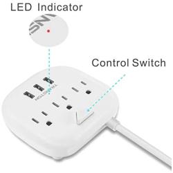 Power Strip 3 Outlets and 3 USB Ports with Switch Control, Desktop Charging Station with 5 ft Extension Cord, Compact for Nightstand, Office and Travel - White