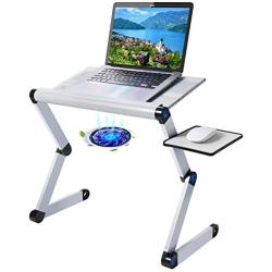 Upgraded Aluminum Laptop Stand Adjustable with Cooling Fan and Mouse Pad, Reinforced Ergonomic Lap Desk Foldable Portable Computer Table for Bed Sofa Couch Office (Extra Wide Tray: 19'', Silver)