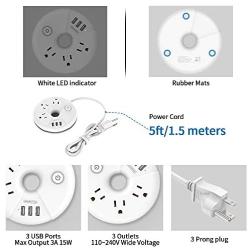 Power Strip with USB, NTONPOWER 3 Outlets Power Strip, 5ft Portable Extension Cord, Nightstand Desktop Charging Station for Home Office Dorm Room Cruise, White