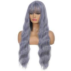 Suri Hair Womens Blue Wig Long Fluffy Wave Curly Hair Wigs With Bangs Silky Synthetic Curly Heat Resistant Wigs For Halloween Daily Natural Looking Womens Costume Wig(30 inches)