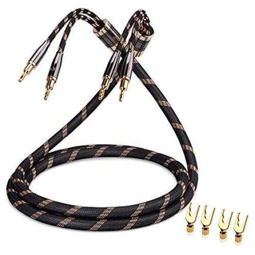 SKW Single Audiophile Speaker Cable,Convertible Banana Spade Gold Plated Connector,Nylon Braid,HiFi Quality Cable(5ft/1.5M,1 Pack for 1 Speaker)