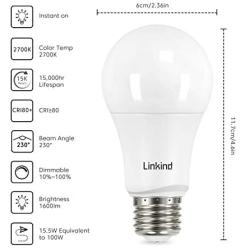 Linkind Dimmable A19 LED Light Bulbs, 100 Watt Equivalent, E26 Base, 2700K Soft White, 15.5W 1600 Lumens CRI80+ 120V, UL Listed FCC Certified, Energy Star, Pack of 6