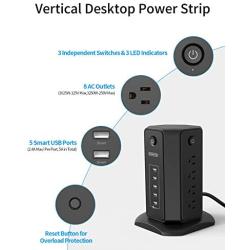 Power Strip Tower - NTONPOWER 10ft Extension Cord Flat Plug Surge Protector, 8 Outlets 5 USB Desktop Charging Station, Individual Switches Control, 1080 J, Circuit Breaker for Home Office, UL Listed