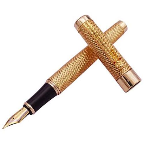 Gullor Jinhao Golden Dragon Red Crystal Eyes Fountain Pen with Push in Style Ink Converter