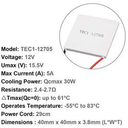 Lheng Semiconductor Refrigeration Tablets TEC1-12705 12V 5A Heatsink Thermoelectric Cooler Cooling Peltier Plate Module 40x40MM