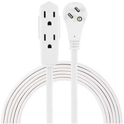 GE Indoor Office Extension Cord, Extra Long 8ft Power Cable, 3 Grounded Outlets, 3 Prong, Low-Profile Right Angle Flat Plug, 16 Gauge, UL Listed, White, 50251