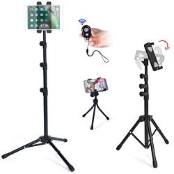 T-SIGN IPad Tripod Stand Reinforced Floor Tablet Mount, Foldable Adjustable Height for iPad Mini, iPad Air, and More 7 to 13 Inch Ipads, Phone Holder, Carrying Case, Bluetooth Remote Control