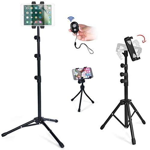 T-SIGN IPad Tripod Stand Reinforced Floor Tablet Mount, Foldable Adjustable Height for iPad Mini, iPad Air, and More 7 to 13 Inch Ipads, Phone Holder, Carrying Case, Bluetooth Remote Control
