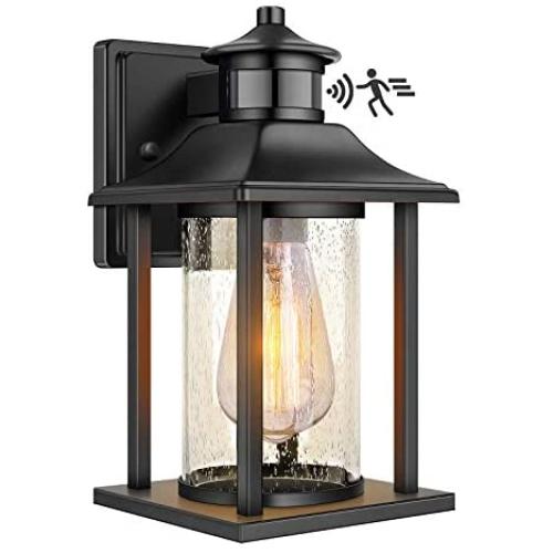 Exterior Outdoor Wall Lantern with Motion Sensor, Waterproof Dusk to Dawn Porch Light Fixtures Wall Mount, Anti-rust Wall Sconce with Seeded Glass for Entryway Doorway Garage Balcony, Motion Activated