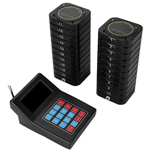 Tangxi Restaurant Pager System, Wireless Calling System,Long Range Paging System with 20 Coaster Pagers and 1 Numeric Keyboard Transmitter for Restaurant Clinic Church Cafe Shop(US 100-240V)