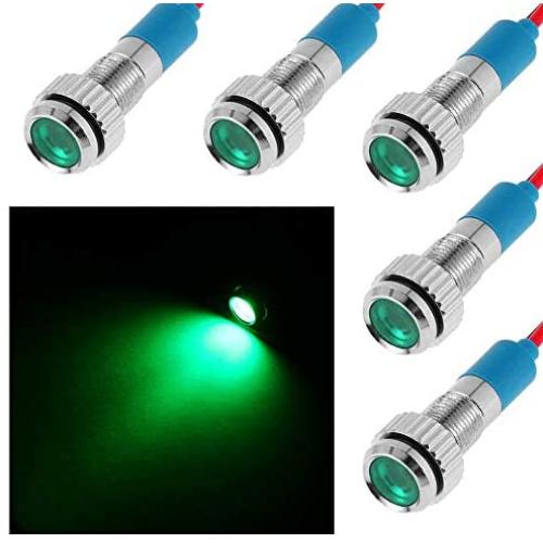 FICBOX 5Pcs LED Indicator Light 6MM 12V Metal Waterproof Signal Lamp with Wire for Car Truck Boat (Green)