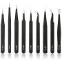 Kingdun 9pcs Stainless steel Tweezer Set,Anti-static ESD Tweezers with Non Magnetic Tips for Electronics Repair, Soldering, Crafting and Jewelry