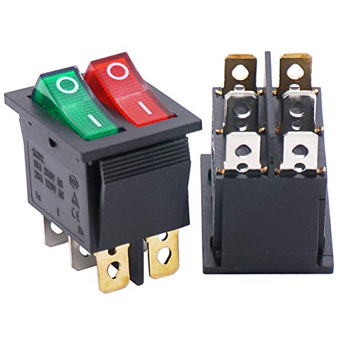 Twidec/2Pcs AC 20A/125V 15A/250V DPDT 6 Pins 2 Position ON/Off Red and Green Button with Light LED Light Illuminated Boat Rocker Switch Toggle（Quality Assurance for 1 Years）KCD2-2101N-RG