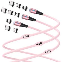 Melonboy Magnetic Charging Cable(3 Pack, 3.3ft/6.6ft/6.6ft), Soft & Tangle-Free Liquid Silicone Cable, 3 in 1 Magnetic Phone Charger Cable Compatible with Type-C, Micro USB and iProduct Devices - Pink