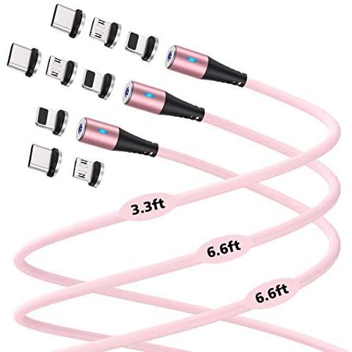 Melonboy Magnetic Charging Cable(3 Pack, 3.3ft/6.6ft/6.6ft), Soft & Tangle-Free Liquid Silicone Cable, 3 in 1 Magnetic Phone Charger Cable Compatible with Type-C, Micro USB and iProduct Devices - Pink