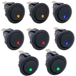 Twidec/8Pcs Round Dot Lighted Rocker Switch Toggle 20A 12V DC On/Off SPST Switch Control For Car Or Boat With Red Blue Green Yellow（4 color） LED Light KCD2-102N-4C