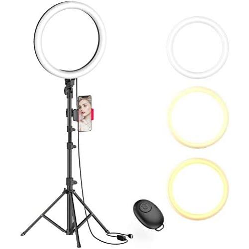 10'' Selfie Ring Light with Tripod Stand & Phone Holder for Live Stream/Makeup, Dimmable Led Camera Beauty Ringlight for YouTube TikTok/Photography Compatible with Cell Phone(Upgraded)