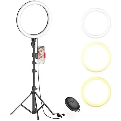 10'' Selfie Ring Light with Tripod Stand & Phone Holder for Live Stream/Makeup, Dimmable Led Camera Beauty Ringlight for YouTube TikTok/Photography Compatible with Cell Phone(Upgraded)