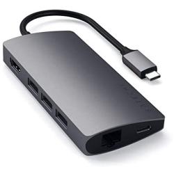 Satechi Aluminum Multi-Port Adapter V2 - 4K HDMI (60Hz), Gigabit Ethernet, USB-C Charging, SD/Micro Card Readers, USB 3.0 - Compatible with 2020 MacBook Air, 2020 MacBook Pro (Space Gray)