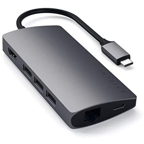 Satechi Aluminum Multi-Port Adapter V2 - 4K HDMI (60Hz), Gigabit Ethernet, USB-C Charging, SD/Micro Card Readers, USB 3.0 - Compatible with 2020 MacBook Air, 2020 MacBook Pro (Space Gray)
