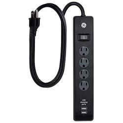 GE 4 Outlet 2 USB Port Power Strip Surge Protector, 3ft. Power Cord, Black, 36189-P1