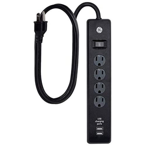GE 4 Outlet 2 USB Port Power Strip Surge Protector, 3ft. Power Cord, Black, 36189-P1