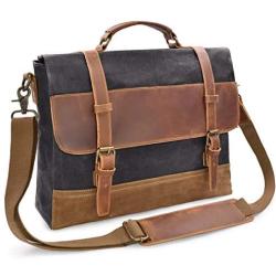 Mens Messenger Bag 15.6 Inch Waterproof Vintage Genuine Leather Waxed Canvas Briefcase Large Satchel Shoulder Bag Rugged Leather Computer Laptop Bag Grey
