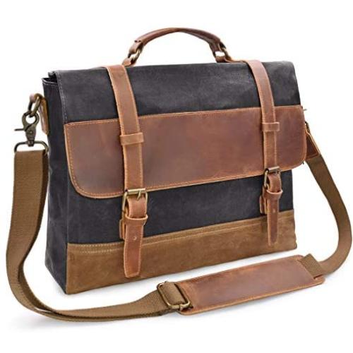 Mens Messenger Bag 15.6 Inch Waterproof Vintage Genuine Leather Waxed Canvas Briefcase Large Satchel Shoulder Bag Rugged Leather Computer Laptop Bag Grey