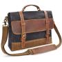 Mens Messenger Bag 15.6 Inch Waterproof Vintage Genuine Leather Waxed Canvas Briefcase Large Satchel Shoulder Bag Rugged Leather Computer Laptop Bag Grey