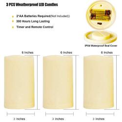SWEETIME Waterproof Flameless Candles with Timer &Remote Control, Outdoor Battery Operated LED Pillar Candles with Waved Edge Realistic Flickering, Set of 3(D 3''x H 6'')