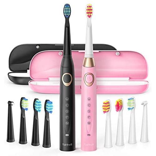 Fairywill Dual Sonic Electric Toothbrushes for Adults & Teens - 8 Brush Heads 2 Travel Cases Included, 5 Modes with Smart Timer, Rechargeable Whitening Toothbrush USB Charging Lasts 30 Days