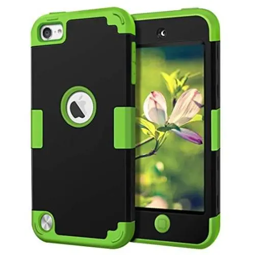 Case for iPod 5 6 7- CheerShare iPod Touch 7 6 5 Case, The Best Silicone Shockproof High Impact Layered Case + Protective Cover Case for iPod Touch 5th 6th 7th Generation(Black + Green)