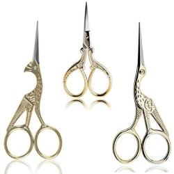 BIHRTC Scissors 2Pcs 4.5 Inch Bird Sewing Scissors and 1PC 3.6 Inch Embroidery Scissors Stainless Steel Sharp Tip Stork Scissors Shears for Craft Sewing Needlework Art Work Office Everyday Use Gold