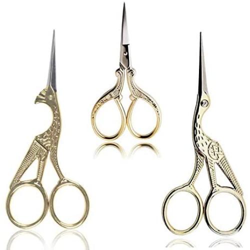 BIHRTC Scissors 2Pcs 4.5 Inch Bird Sewing Scissors and 1PC 3.6 Inch Embroidery Scissors Stainless Steel Sharp Tip Stork Scissors Shears for Craft Sewing Needlework Art Work Office Everyday Use Gold