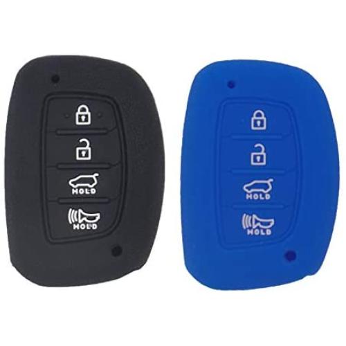 WEIBISS 2 Pack 4 Buttons Smart Rubber Key Fob Remote Cover Keyless Entry Case Holder Protector Skin Compatible with Hyundai 2018 2017 2016 Tucson Elantra Sonata, Black Blue