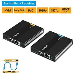 gofanco 1080p USB KVM and HDMI Over CAT5e / CAT6 Extender – 2X USB 2.0 Keyboard/Mouse, Near Zero Latency, Transmitter and Receiver PoC, HDMI Loopout, 197ft (60m)