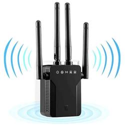 WiFi Repeater 1200Mbps, Whew Wireless Signal Booster, Dual Band 2.4G and 5G Expander, 4 Antennas Range Extender | One Button Setup with 2 Ethernet Port (Black)
