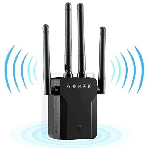 WiFi Repeater 1200Mbps, Whew Wireless Signal Booster, Dual Band 2.4G and 5G Expander, 4 Antennas Range Extender | One Button Setup with 2 Ethernet Port (Black)