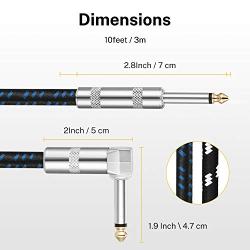 Donner 2 Pack Guitar Cables 10 Feet AMP Cord for Instrument Electric Guitar Bass High Sound Quality Braided Cover 1/4” TS Right Angle to Straight Metal Connectors Black/White and Black/Blue