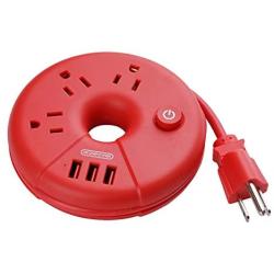 USB Power Strip, NTONPOWER Desktop Charging Station with 3 Outlets 3 USB Short Wrapped Extension Cord 15 inch for Travel, Cruise Ships, Office, Nightstand - Red