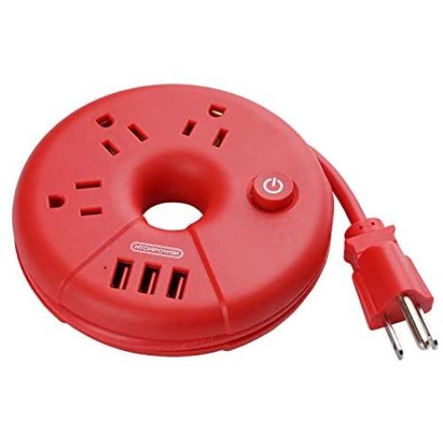 USB Power Strip, NTONPOWER Desktop Charging Station with 3 Outlets 3 USB Short Wrapped Extension Cord 15 inch for Travel, Cruise Ships, Office, Nightstand - Red