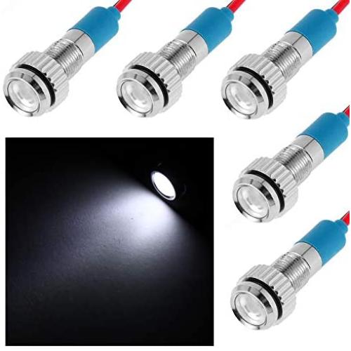 FICBOX 5Pcs LED Indicator Light 6MM 12V Metal Waterproof Signal Lamp with Wire for Car Truck Boat (White)
