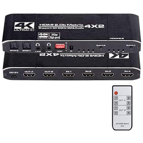 HDMI Matrix Switch 4x2, 4K HDMI Matrix Switcher Splitter 4 in 2 Out Box with EDID Extractor and IR Remote Control Support 4K HDR, HDMI 2.0b, HDCP 2.2, 4K@60Hz, 3D, 1080P