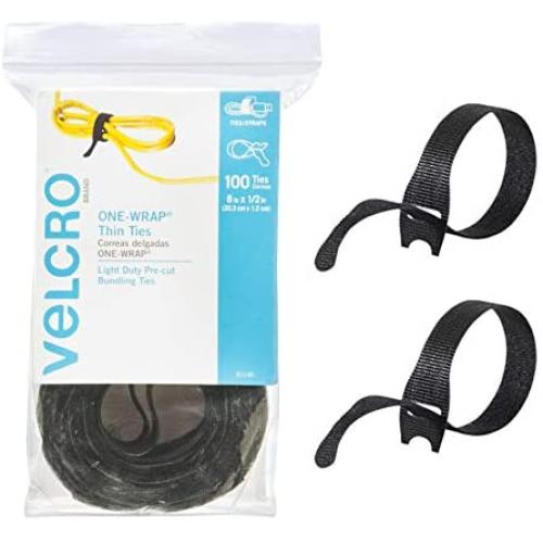 VELCRO Brand ONE-WRAP Cable Ties | 100Pk | 8 x 1/2'' Black Cord Organization Straps | Thin Pre-Cut Design | Wire Management for Organizing Home, Office and Data Centers