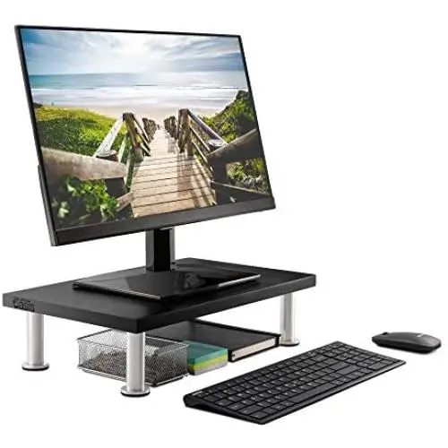 Monitor Stand for Computer & Laptop Screen - Solid Bamboo Riser Supports The Heaviest Monitors, Printers, or TVs - Perfect Shelf Organizer for Office Desk Accessories & TV Stands (Black)