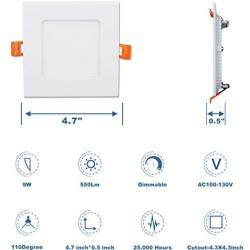 ANC 4 inch 120V IC Rated LED Recessed Low Profile Square Panel Light, Dimmable Wafer Light, 9W 4000K 550lm Canless Downlight, ETL Listed 6 Pack